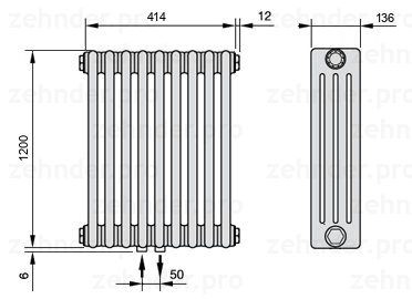 Схема (чертеж) Радиатор Zehnder Charleston 4120/9 №3470 Белый глянцевый RAL 9016